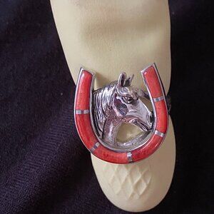 Horse head with horse shoe sterling silver coral ring.  Southwest style.